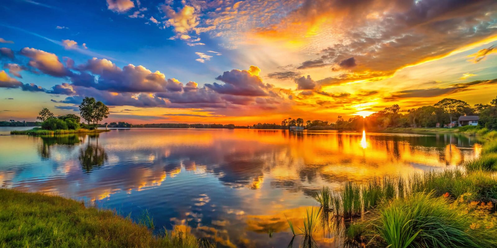Florida lake at sunset — golden sky reflected in still water with marsh grass in foreground